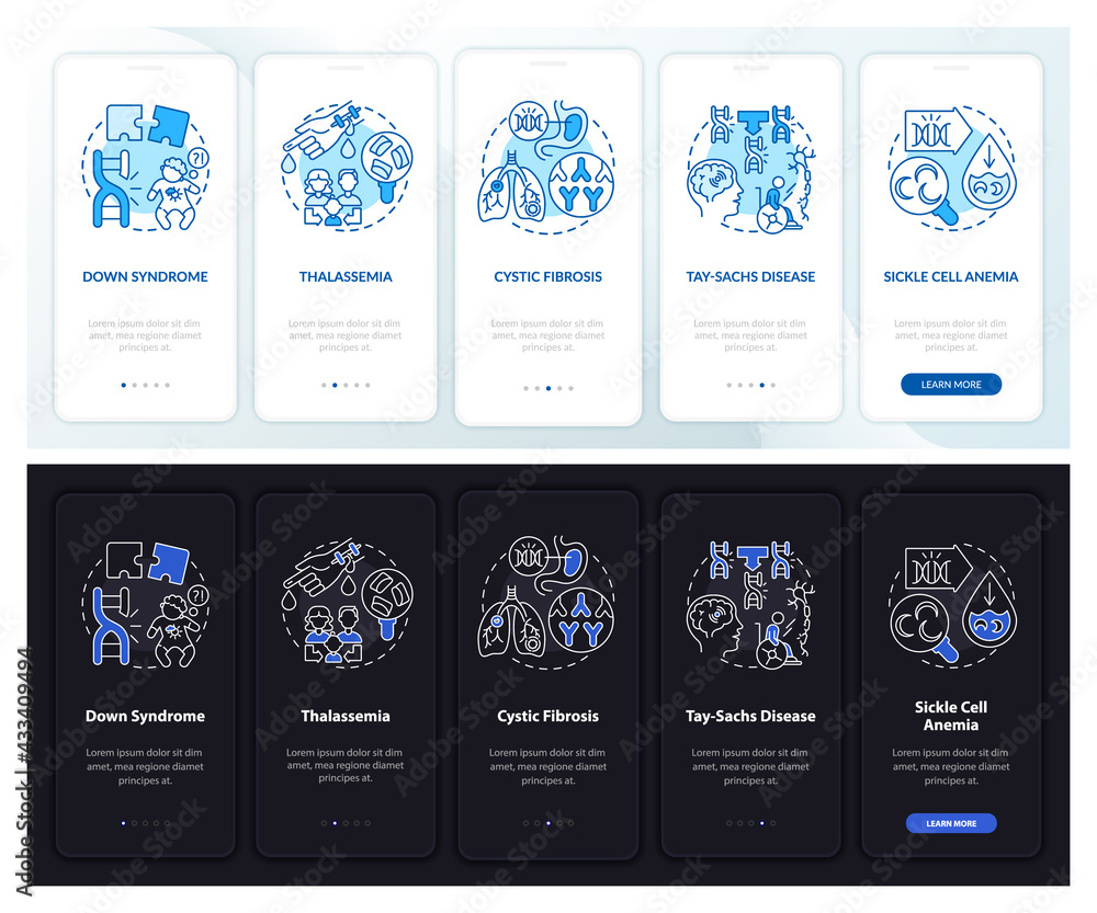 Most common genetic diseases onboarding mobile app page screen with concepts. Health walkthrough 5 steps graphic instructions. UI, UX, GUI vector template with linear night and day mode illustrations