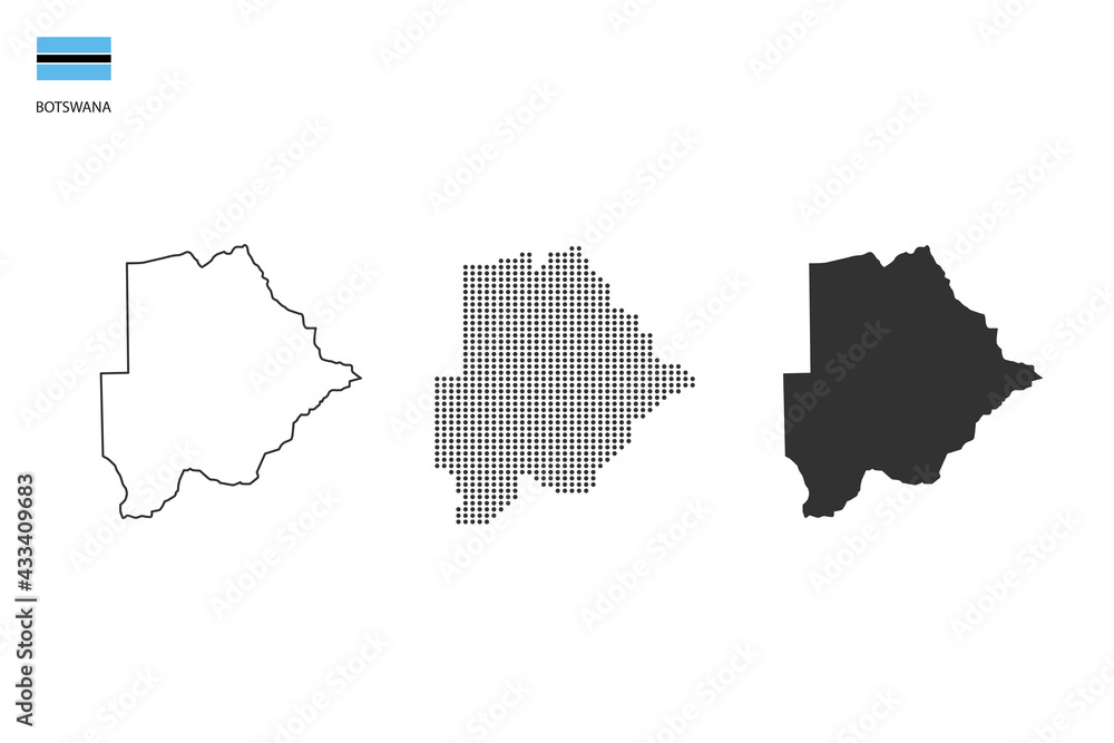 3 versions of Botswana map city vector by thin black outline simplicity style, Black dot style and Dark shadow style. All in the white background.