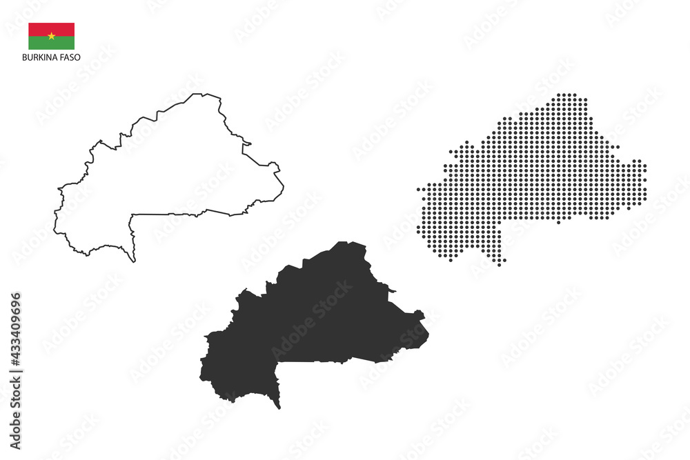 3 versions of Burkina Faso map city vector by thin black outline simplicity style, Black dot style and Dark shadow style. All in the white background.