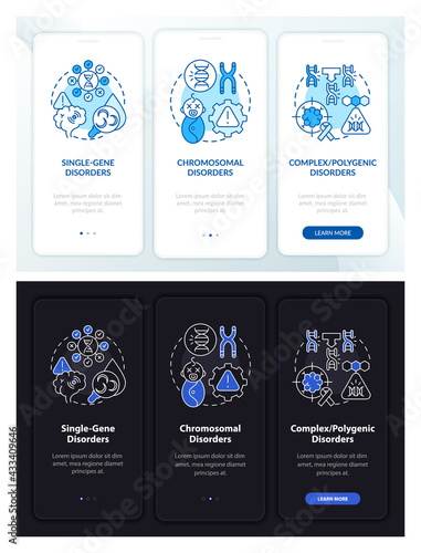 Types of genetic disorders onboarding mobile app page screen with concepts. Medical care walkthrough 3 steps graphic instructions. UI, UX, GUI vector template with linear night, day mode illustrations