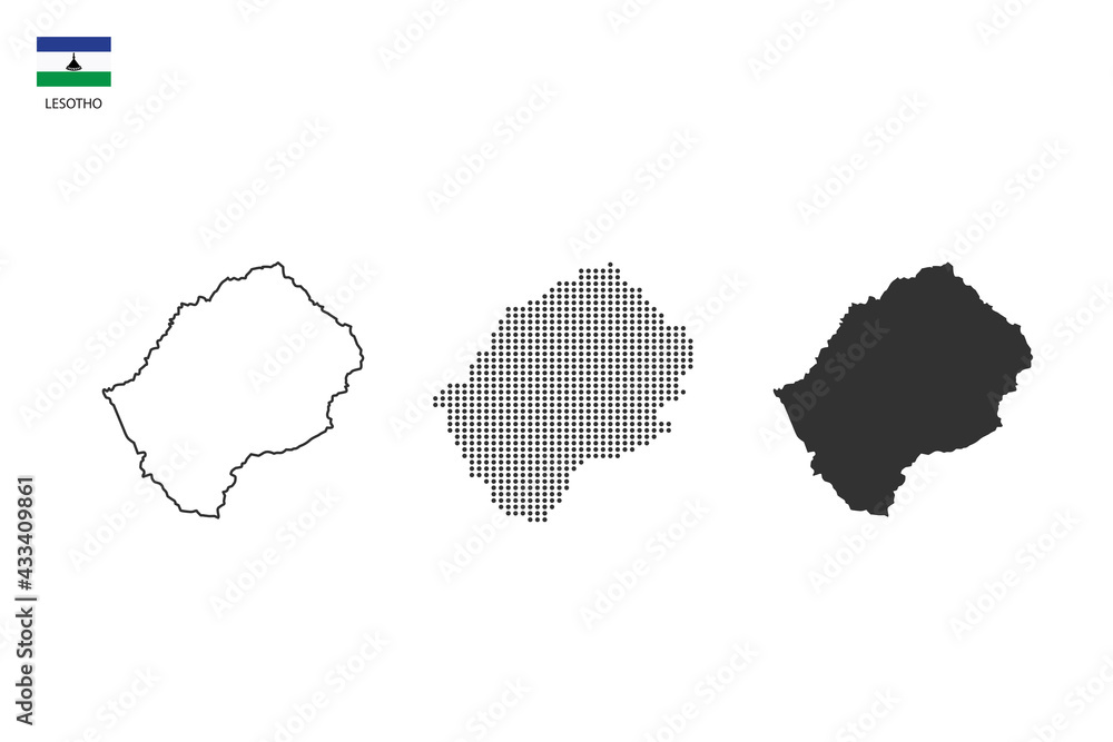 3 versions of Lesotho map city vector by thin black outline simplicity style, Black dot style and Dark shadow style. All in the white background.