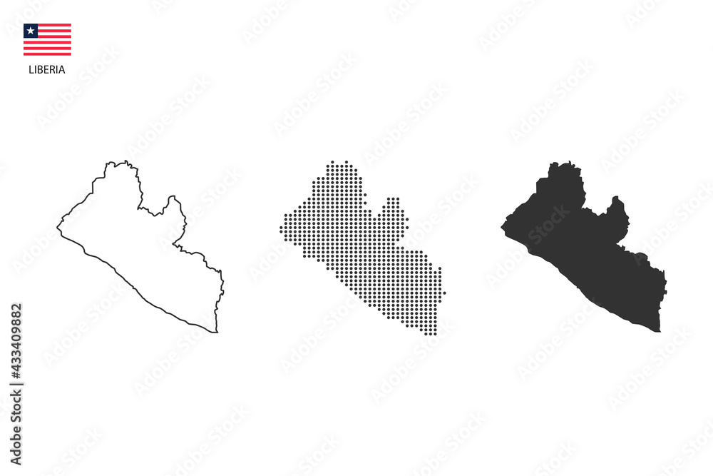 3 versions of Liberia map city vector by thin black outline simplicity style, Black dot style and Dark shadow style. All in the white background.