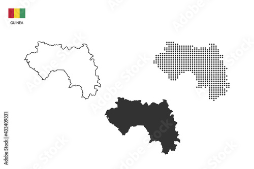 3 versions of Guinea map city vector by thin black outline simplicity style, Black dot style and Dark shadow style. All in the white background.