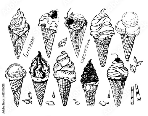 set of ice cream in a waffle cone, with chocolate, jam, nuts, cherries, strawberries, mint. Black vector on a white background