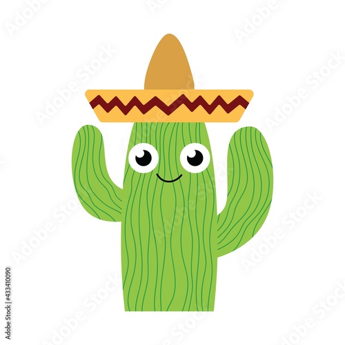 Funny cute hand-drawn cactus boy in sombrero white isolated stock vector illustration. Kawaii cartoon character succulent plant vector illustration