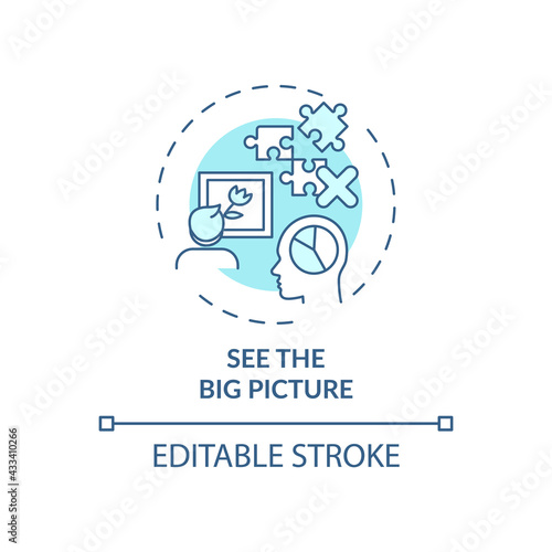 See big picture blue concept icon. Mindfulness in life. Mental health improvement. Work strategy. Self control idea thin line illustration. Vector isolated outline RGB color drawing. Editable stroke