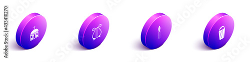 Set Isometric Santorini building, Ancient lyre, Medieval spear and Gyros Pita Greek icon. Vector