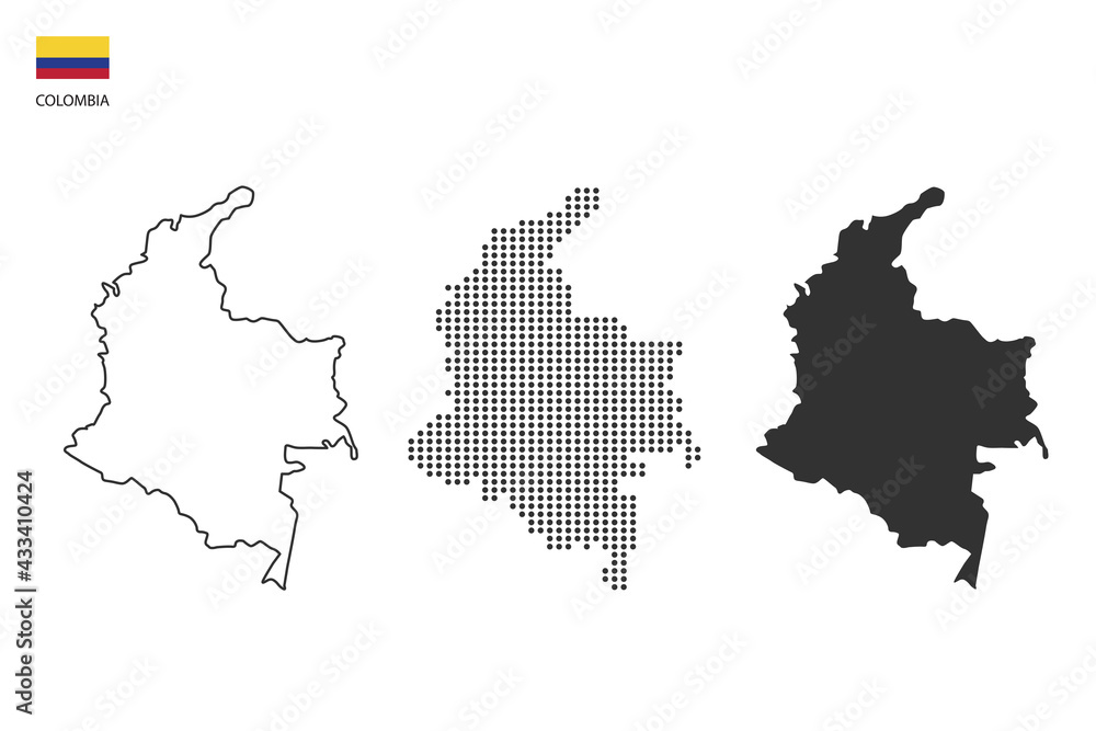 3 versions of Colombia map city vector by thin black outline simplicity style, Black dot style and Dark shadow style. All in the white background.