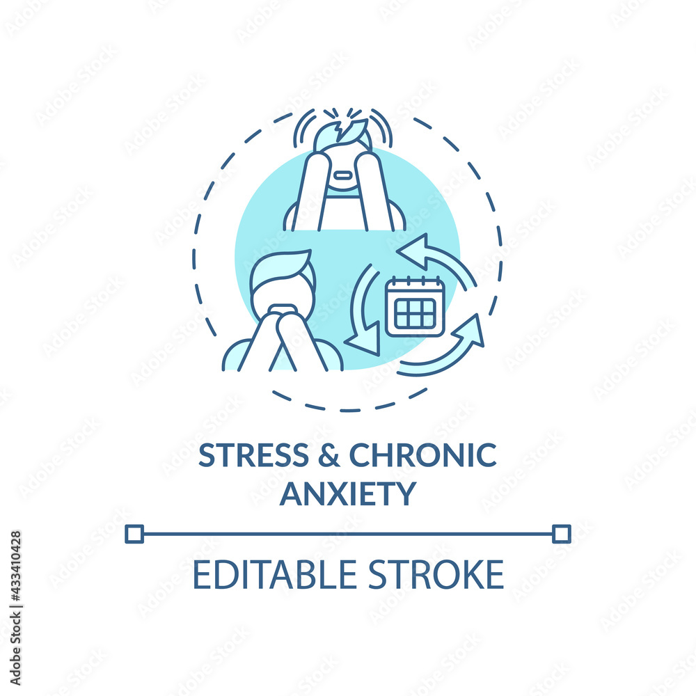 Stress and chronic anxiety blue concept icon. Mental health problems. Self control issues outcome idea thin line illustration. Vector isolated outline RGB color drawing. Editable stroke