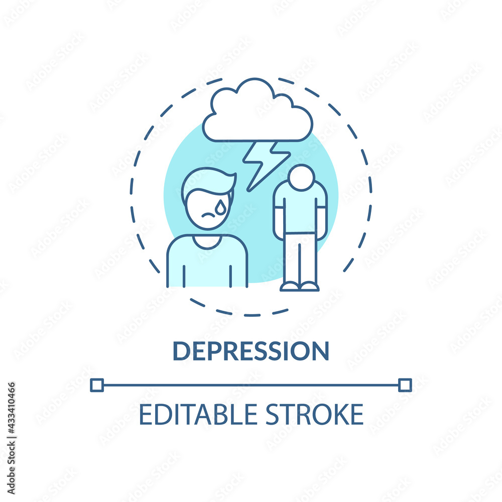 Depression blue concept icon. Anxiety disorder. Stress management issues. Burnout symptom. Mental health problem idea thin line illustration. Vector isolated outline RGB color drawing. Editable stroke Depression blue concept icon. Anxiety disorder. Stress management issues. Burnout symptom. Mental health problem idea thin line illustration. Vector isolated outline RGB color drawing. Editable stroke