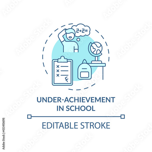 Under achievement at school blue concept icon. Student failing class grades. Self control problem idea thin line illustration. Vector isolated outline RGB color drawing. Editable stroke