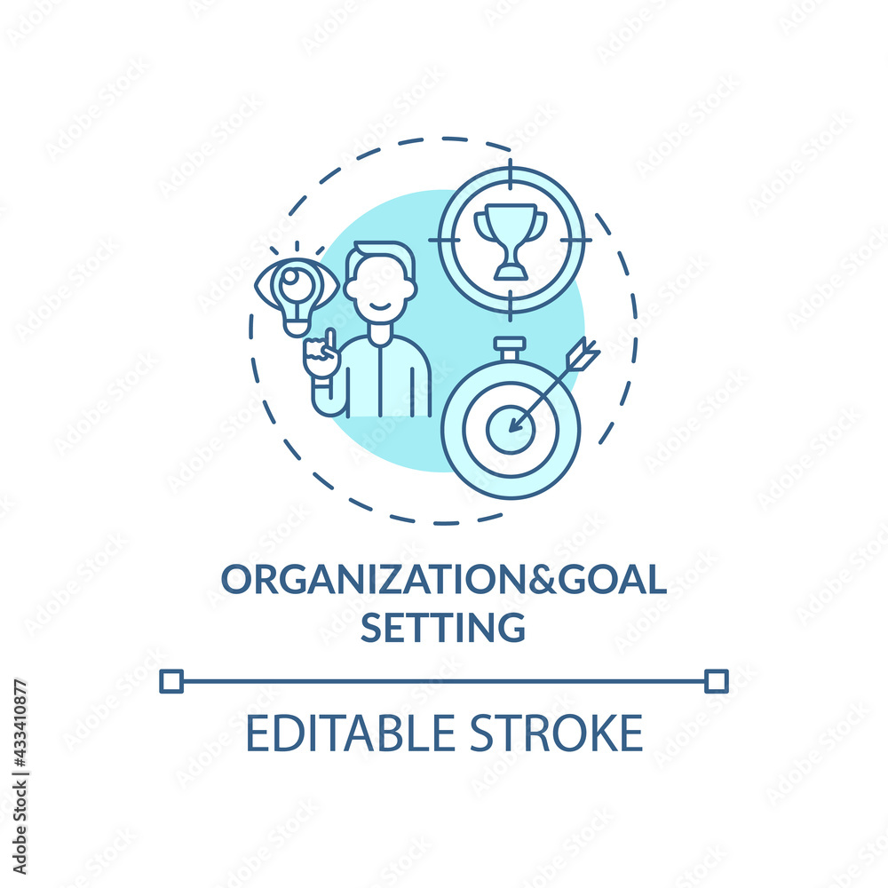 Organization and goal setting blue concept icon. Achievement, success at work. Personal motivation. Self control idea thin line illustration. Vector isolated outline RGB color drawing. Editable stroke Organization and goal setting blue concept icon. Achievement, success at work. Personal motivation. Self control idea thin line illustration. Vector isolated outline RGB color drawing. Editable stroke