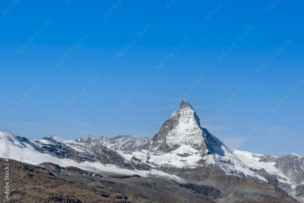 Landscape of Matterhorn, a mountain of the Alps, straddling the main watershed and border between Switzerland and Italy from Gornergrat Bahn in Zermatt