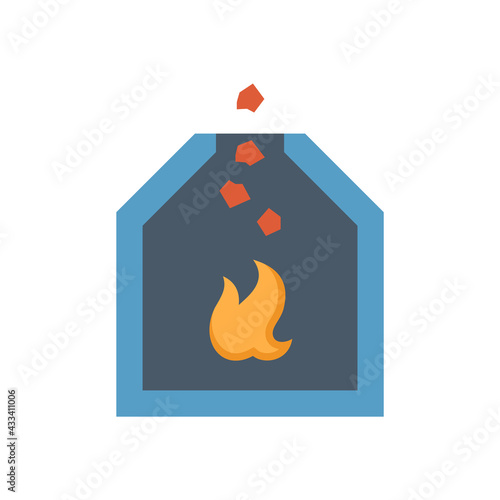 Blast furnace vector icon. Equipment and burning process in metallurgy or metallurgical production industry in factory plant. Consist of flame fire, iron ore and stack. For smelting, casting metal.