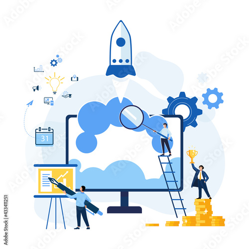 Starting a new business in a young creative company, people, businessmen. Launch of a rocket into space from the site of a computer monitor. Vector business illustration in flat colorful cartoon style