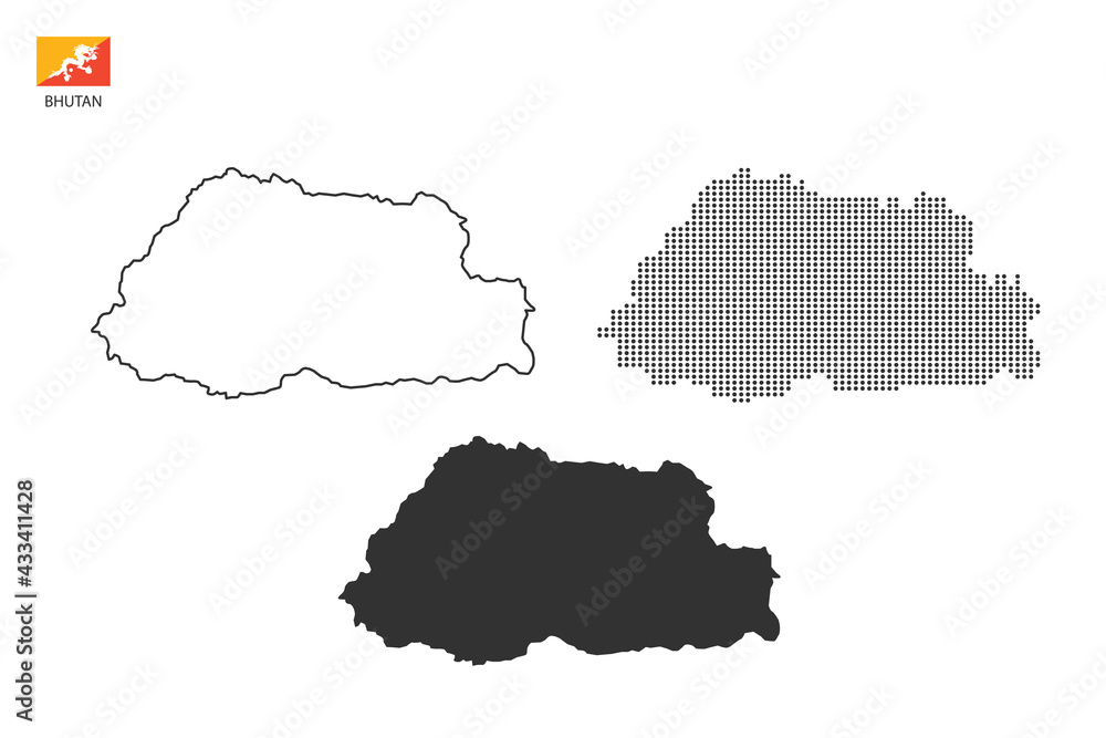3 versions of Bhutan map city vector by thin black outline simplicity style, Black dot style and Dark shadow style. All in the white background.