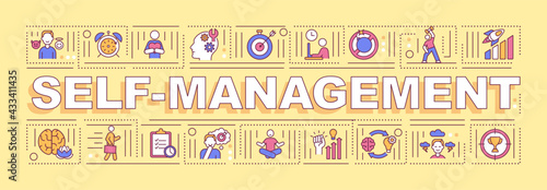 Self management word concepts banner. Goal setting, work life balance. Infographics with linear icons on orange background. Isolated typography. Vector outline RGB color illustration