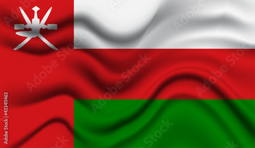 Abstract waving flag of Oman with curved fabric background. Creative realistic waving flag of Oman vector background