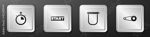 Set Stopwatch, Ribbon in finishing line, Bicycle lock and chain with gear icon. Silver square button. Vector