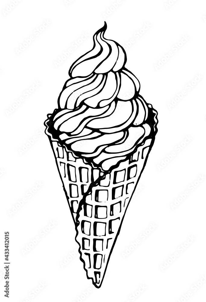 ice cream in a waffle cone. Black vector on a white background