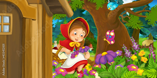 Fototapeta Naklejka Na Ścianę i Meble -  Cartoon scene of young girl in the forest illustration