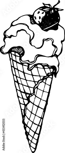 ice cream in a waffle cone with strawberries. Black vector on a white background