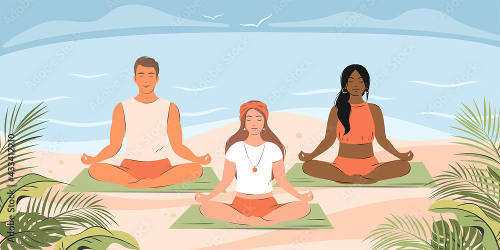 Different People practicing yoga together and meditating on sandy beach. Healthy lifestyle, active recreation outdoors, open air workout, physical exercising, yoga class. Flat vector illustration Different People practicing yoga together and meditating on sandy beach. Healthy lifestyle, active recreation outdoors, open air workout, physical exercising, yoga class. Flat vector illustration