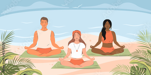 Different People practicing yoga together and meditating on sandy beach. Healthy lifestyle, active recreation outdoors, open air workout, physical exercising, yoga class. Flat vector illustration