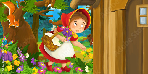 Fototapeta Naklejka Na Ścianę i Meble -  Cartoon scene of young girl in the forest illustration