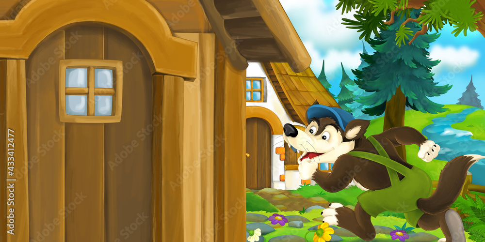 cartoon scene wolf in forest near wooden farm house
