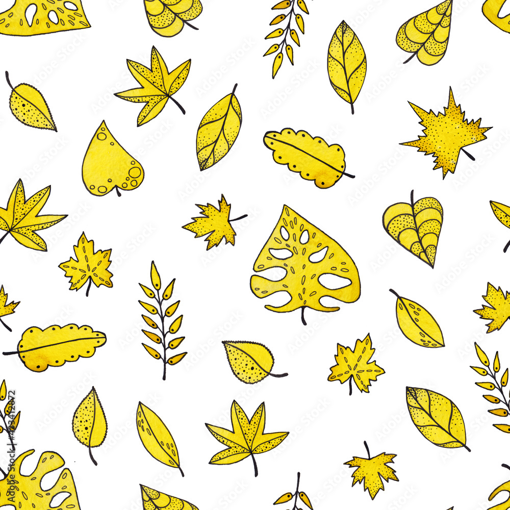 Seamless pattern from set of watercolor illustrations of yellow leaves isolated on white background Seamless pattern from set of watercolor illustrations of yellow leaves isolated on white background