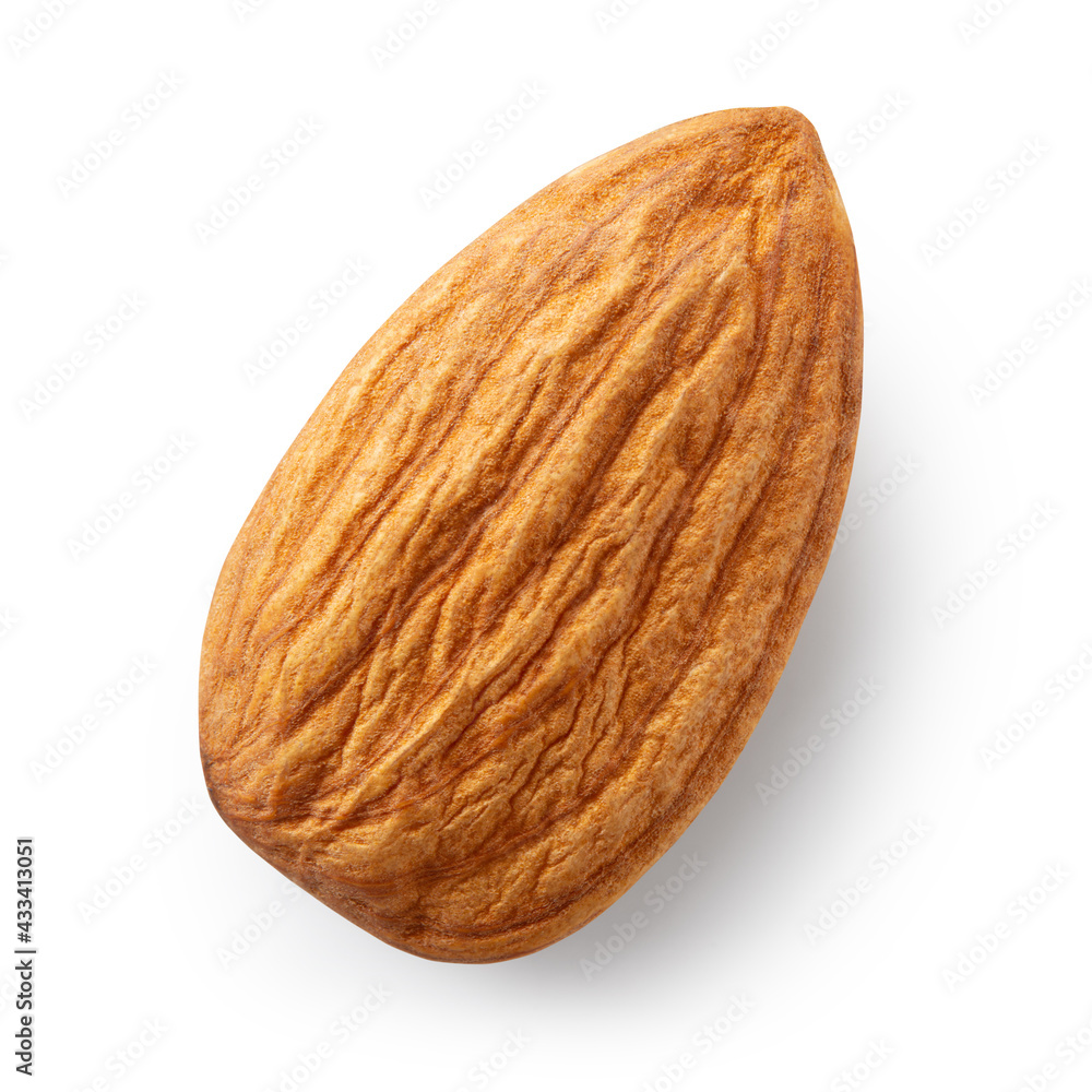 Almond isolated. Almond on white background. Top view. With clipping path. Full depth of field. Almond isolated. Almond on white background. Top view. With clipping path. Full depth of field.