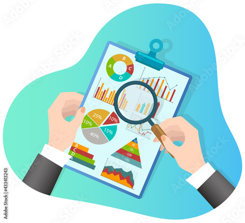 Business analytics and financial control.The concept of business investment and financial reporting.Financial administration and audit.3d image.Isometric vector illustration.