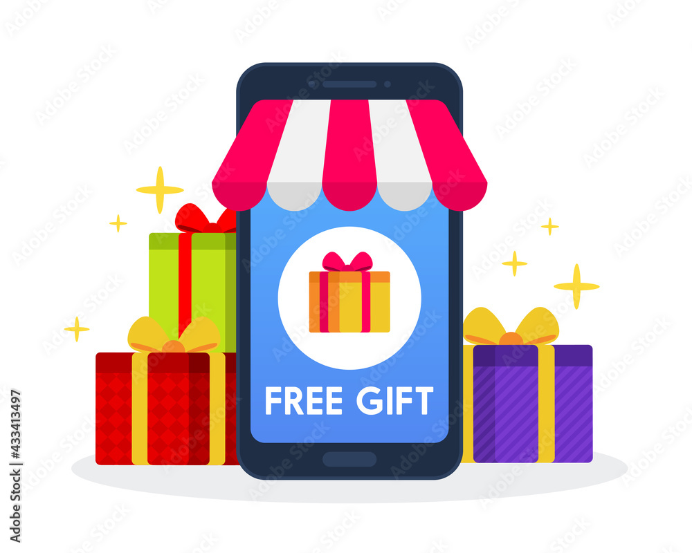 Online store offer free gifts for customer. Creative business concept for e-commerce, digital shopping, or marketing. Simple trendy cute cartoon vector illustration. Flat style graphic design element.
