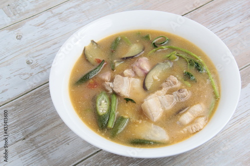 Filipino food called Pork Sinigang or pork and vegetables in tamarind broth