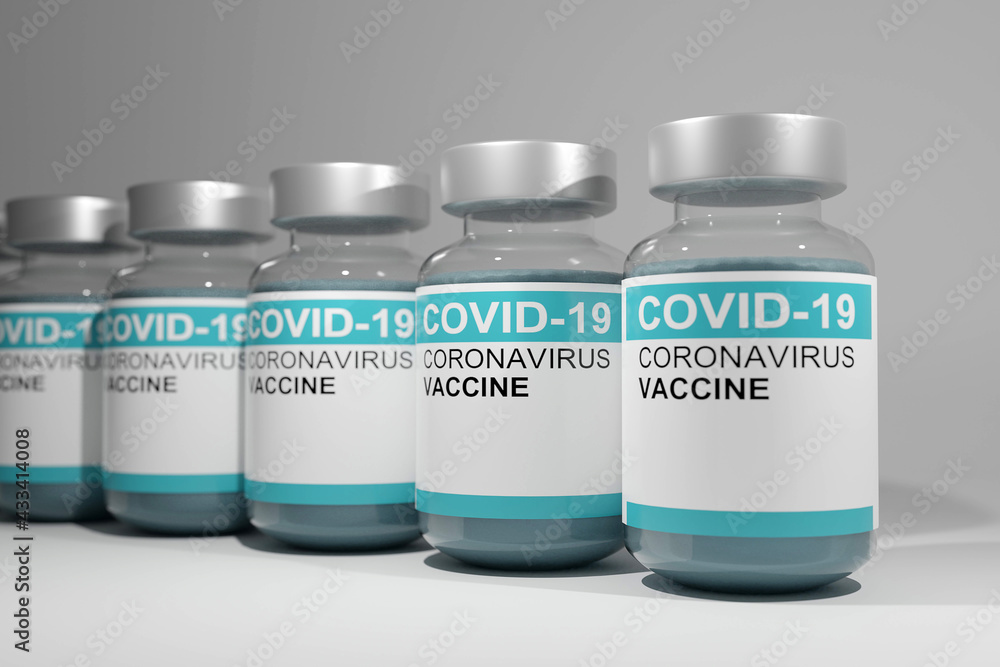 Virus vaccine development of a coronavirus COVID-19. Vaccine bottle in concept of insurance and fight against coronavirus 2019. 3D Rendering. Virus vaccine development of a coronavirus COVID-19. Vaccine bottle in concept of insurance and fight against coronavirus 2019. 3D Rendering.