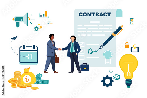 Contract partnership concept. Financing of creative projects. Handshake of two business men. Agreement of parties. Signing documents.The investor holds money in ideas.Business team.Vector illustration