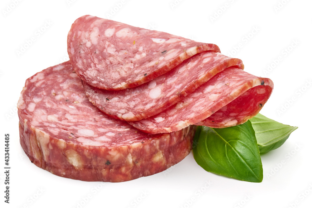 Italian Salami sausage slices, isolated on white background. High resolution image. Italian Salami sausage slices, isolated on white background. High resolution image.