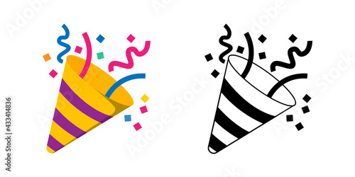 Set of Party Poppers with confetti.Colorful vector icon and black line icon isolated on white background. The element of celebrating .
