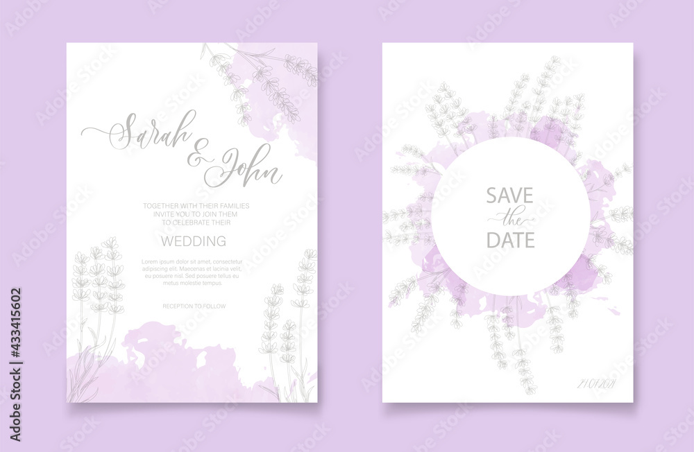 Floral wedding invitation card template design with watercolor lavender flowers.