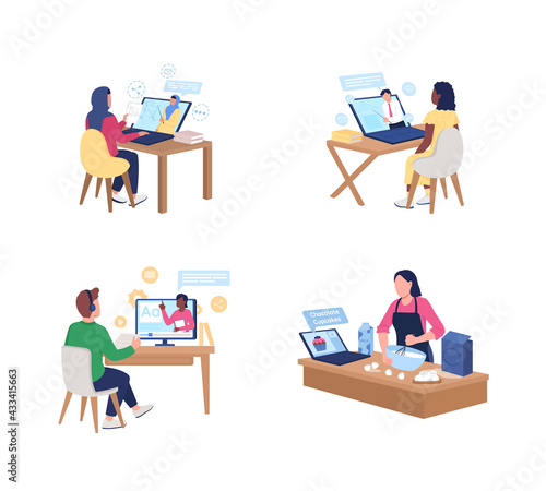 Watching online tutorials flat color vector faceless character set. Muslim woman watching video on geometry. E learning isolated cartoon illustration for web graphic design and animation collection