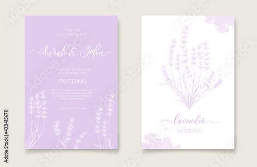 Floral wedding invitation card template design with watercolor lavender flowers.