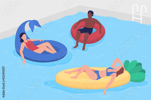 Having fun with friends in swimming pool flat color vector illustration. Inflatable floaters. Recreational activity for teenagers 2D cartoon faceless characters with outdoor pool on background