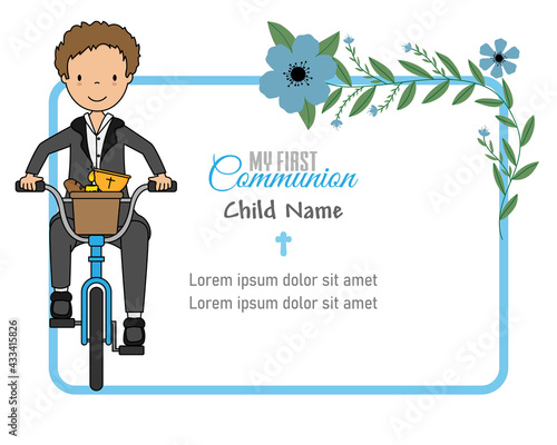 My first communion card. Boy on bicycle and frame with space for text or photo