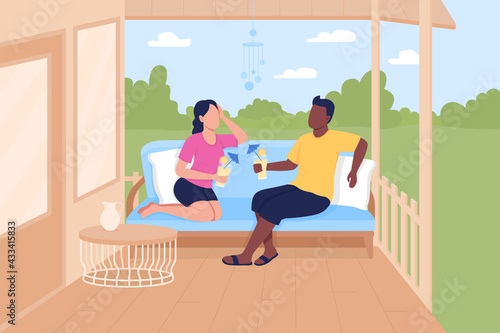Friends meeting on patio flat color vector illustration. Outdoor meeting space. Enjoying summer days with beloved one on veranda 2D cartoon faceless characters with open-air veranda on background