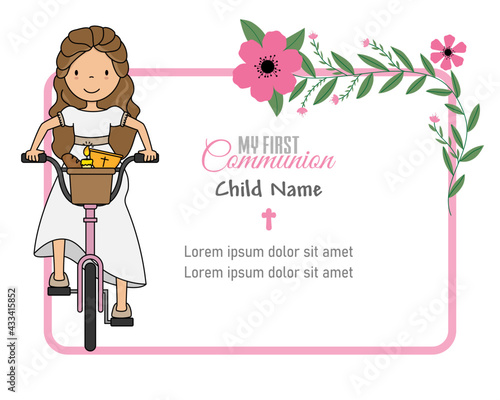  My first communion card. Girl on bicycle and frame with space for text or photo