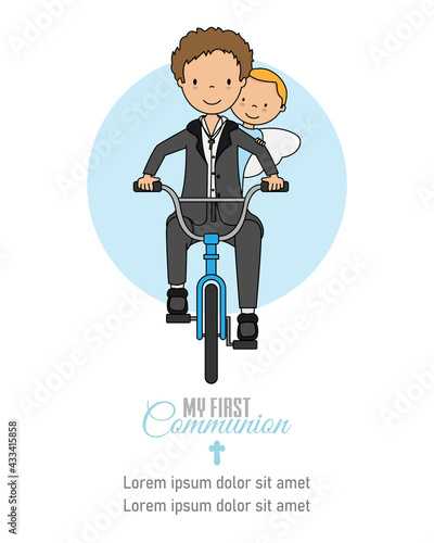 My first communion card. Boy and angel on bicycle