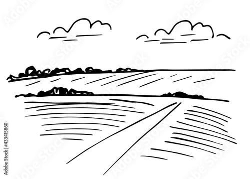 Rural landscape, plowed field, trees, road, bushes on the horizon. Simple hand-drawn vector drawing in black outline. Farm harvest, sowing.