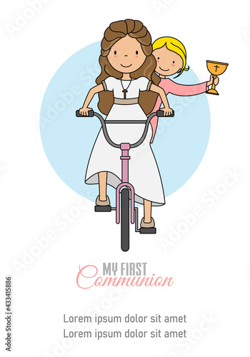 My first communion card. Two girls on bicycles