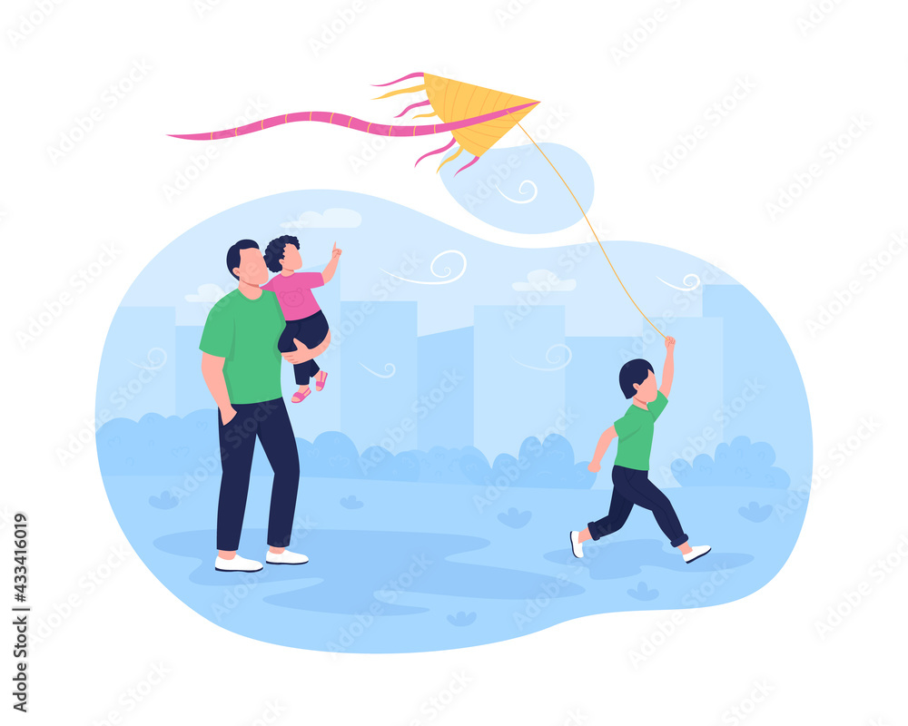 Fototapeta premium Running flying kite with children 2D vector web banner, poster. Small boy playing with kite flat characters on cartoon background. Fun family activity printable patch, colorful web element